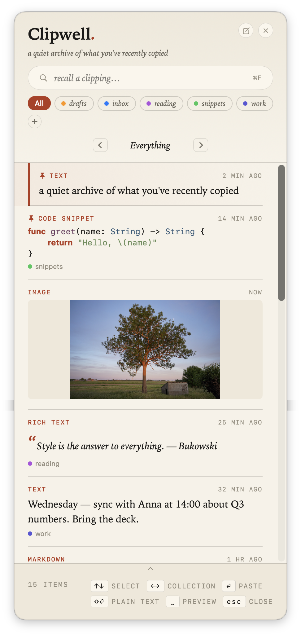 Clipwell's panel showing recently copied items — text, code snippets, images, and rich text — in a calm editorial layout.